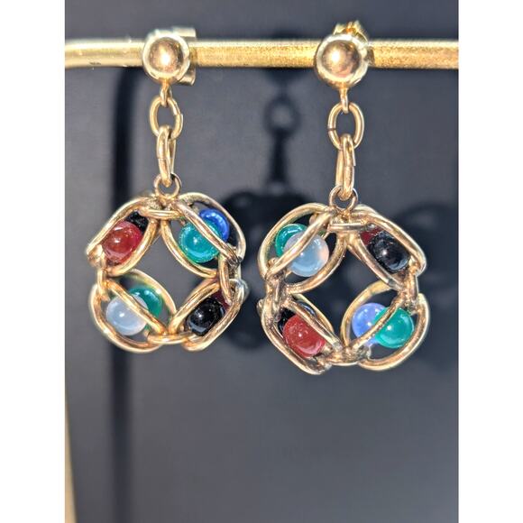 VTG B & B Bates and Bacon Co. Caged Agate Orb Beads in 1/20 12K GF Post Earrings - Picture 1 of 5